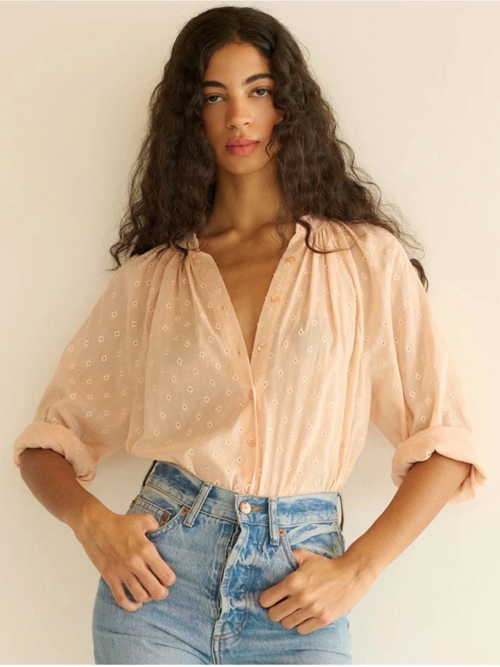 NWT - Doen Julienne Top Peach Eyelet Button-Front Blouse
